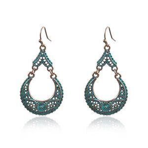 Bohemian Style Filigree Bronze Teal Blue Teardrop Pierced Dangle Earrings